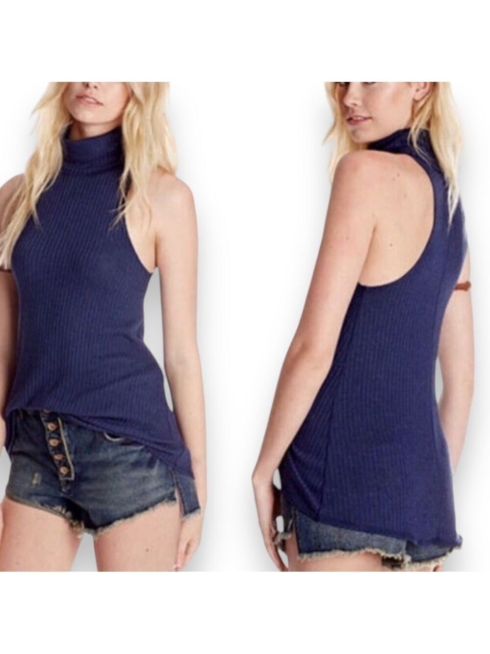 We The Free Blue Navy Ribbed Turtleneck Tank - Medium